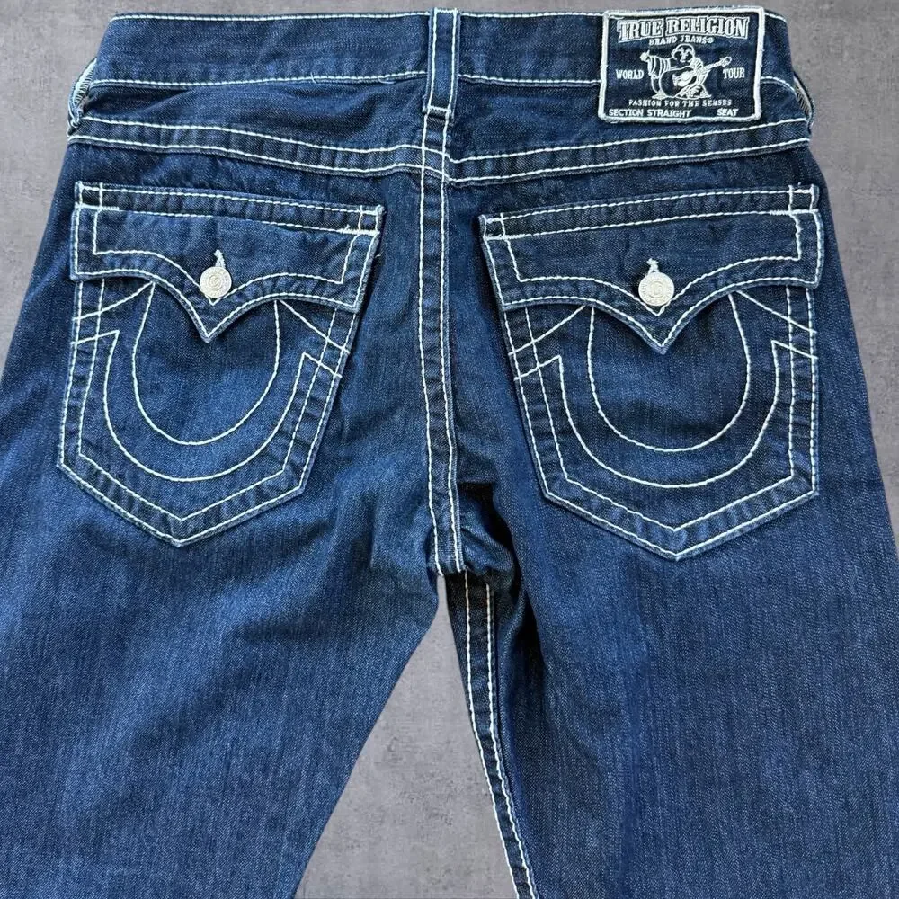 True Religion Joey Jeans Mens 33 USA Made Dark Wash Thick White Stitch Straight
